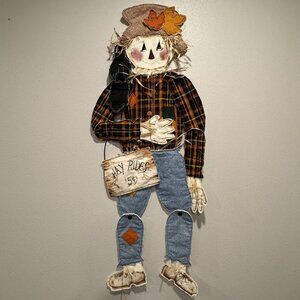 Handmade Vintage 48" Scarecrow Wall Decor Fabric Plaid Denim Articulated Hayride